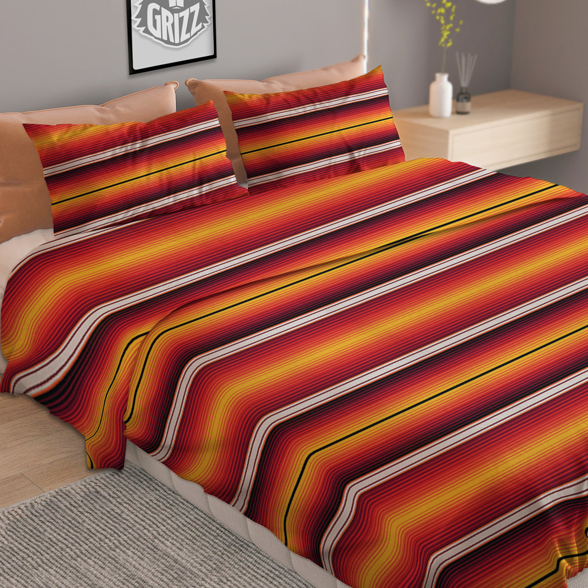 Serape Ethnic Boho Stripes Mexican Black Orange Print Duvet Cover Bedding Set