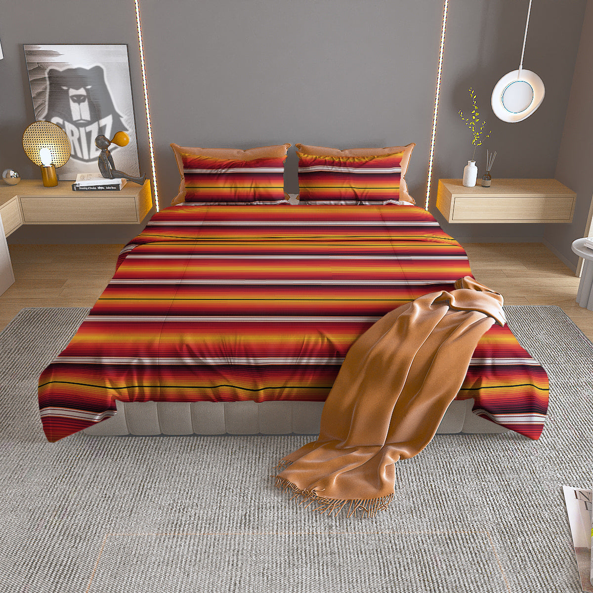 Serape Ethnic Boho Stripes Mexican Black Orange Print Duvet Cover Bedding Set