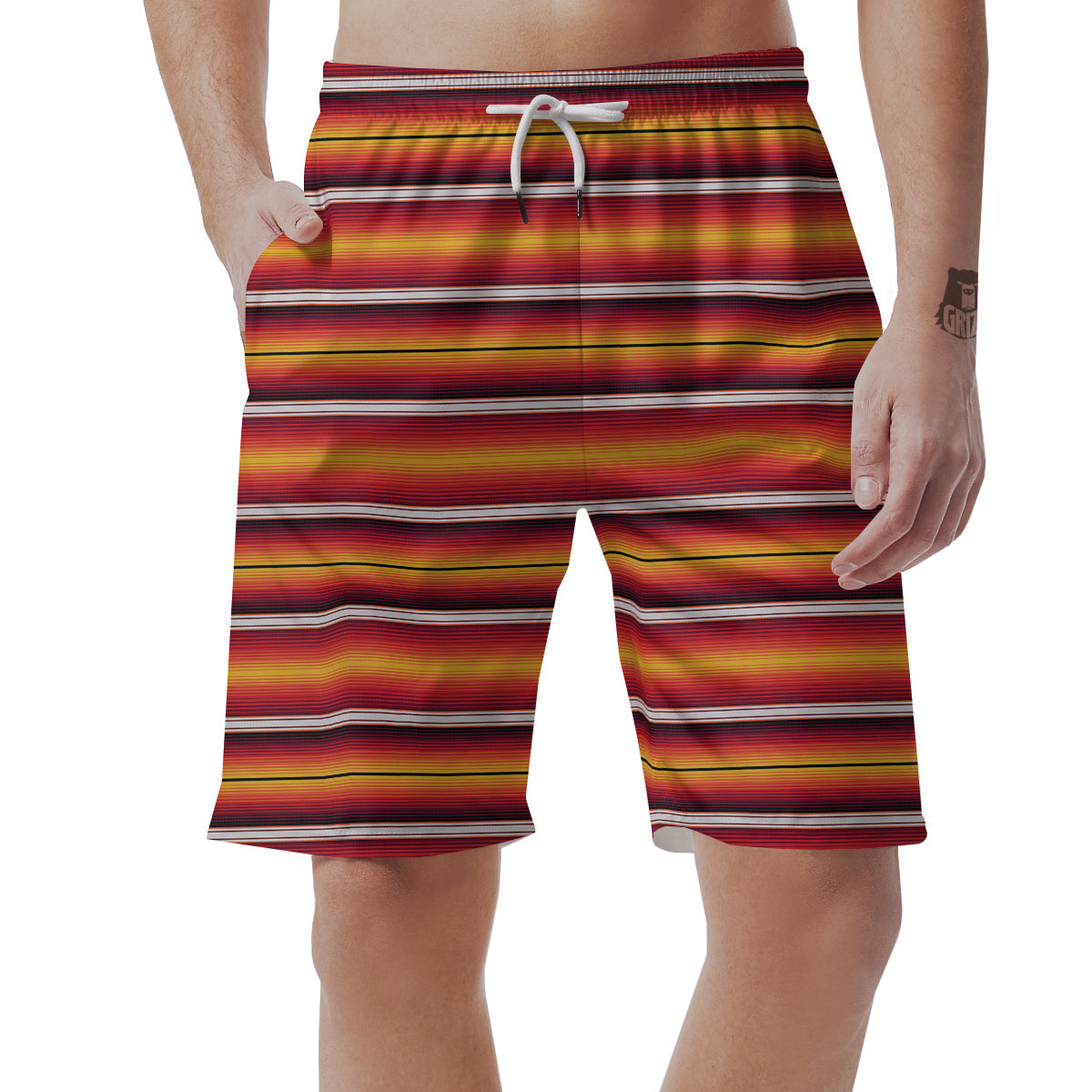 Serape Ethnic Boho Stripes Mexican Black Orange Print Men's Shorts-grizzshop