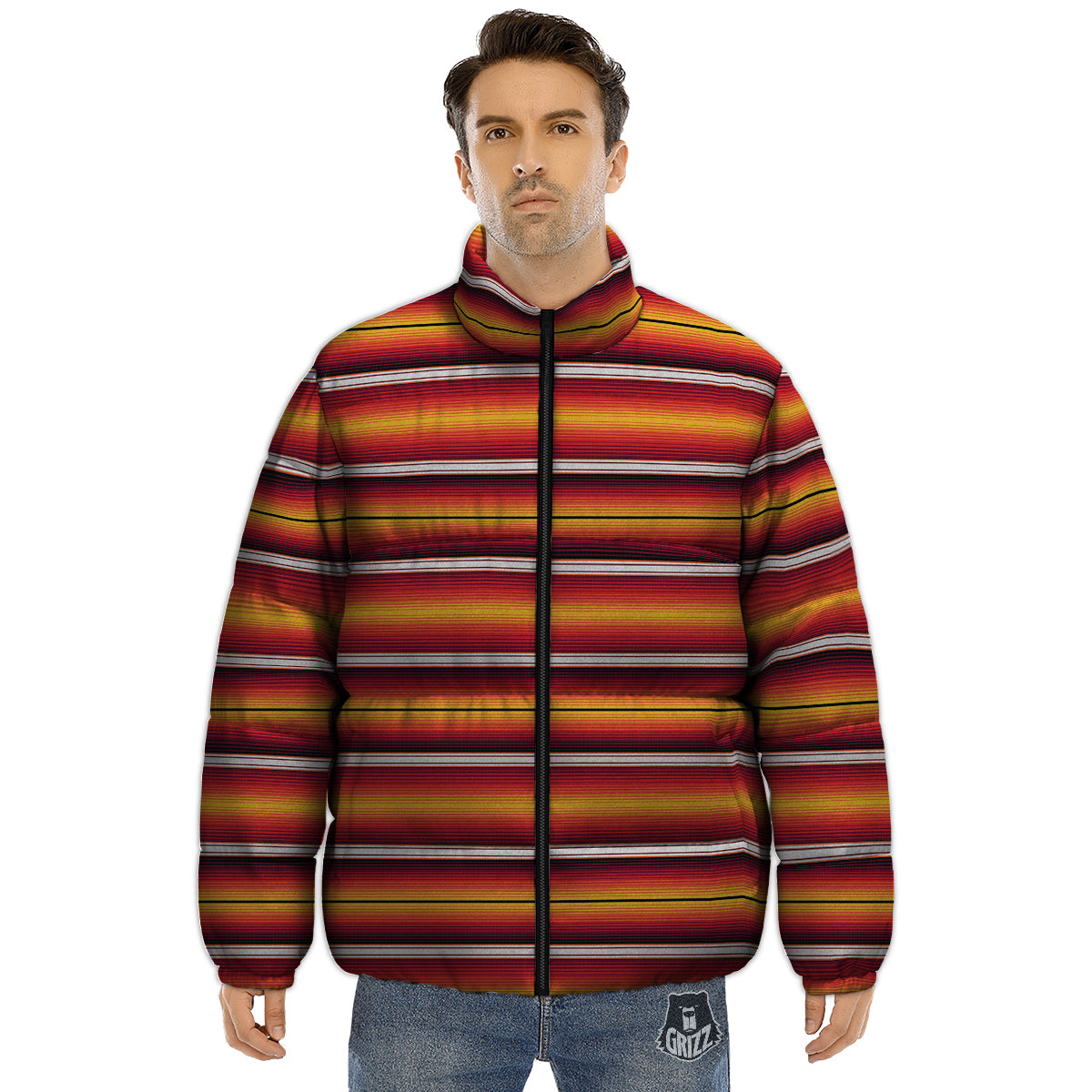 Serape Ethnic Boho Stripes Mexican Black Orange Print Puffer Jacket-grizzshop