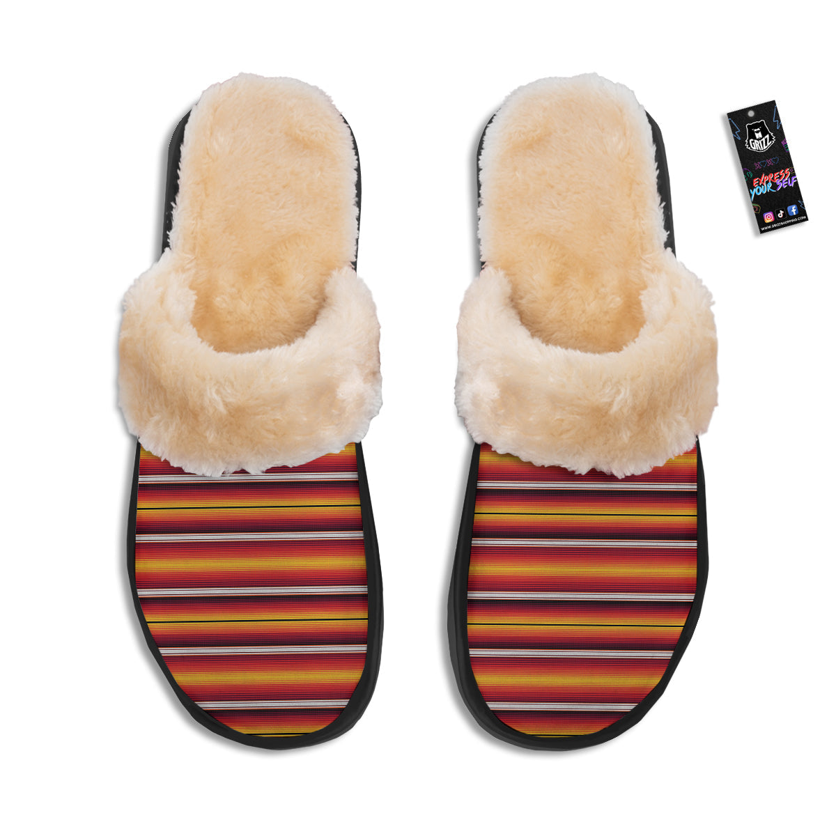 Serape Ethnic Boho Stripes Mexican Black Orange Print Slippers-grizzshop