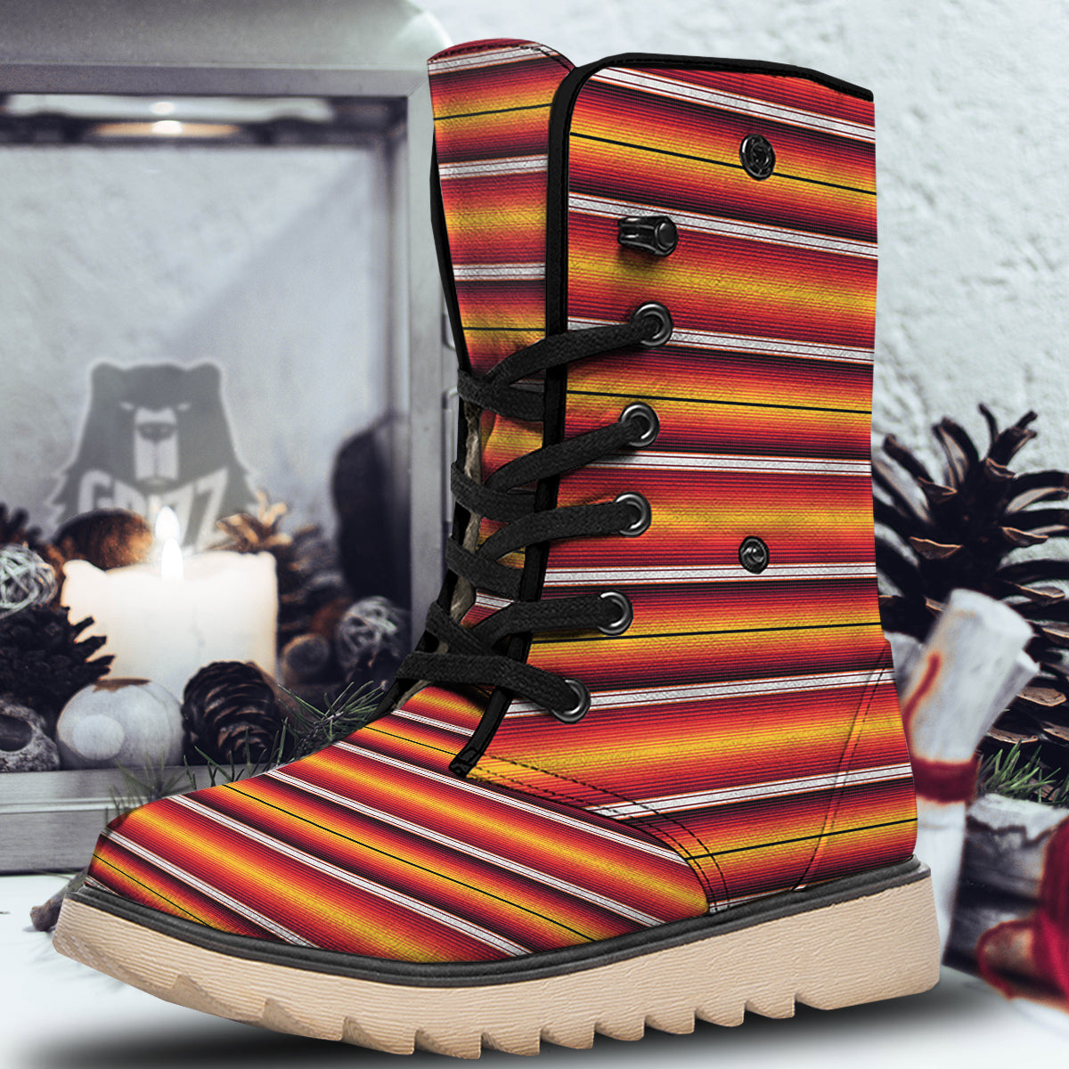 Serape Ethnic Boho Stripes Mexican Black Orange Print Snow Boots-grizzshop