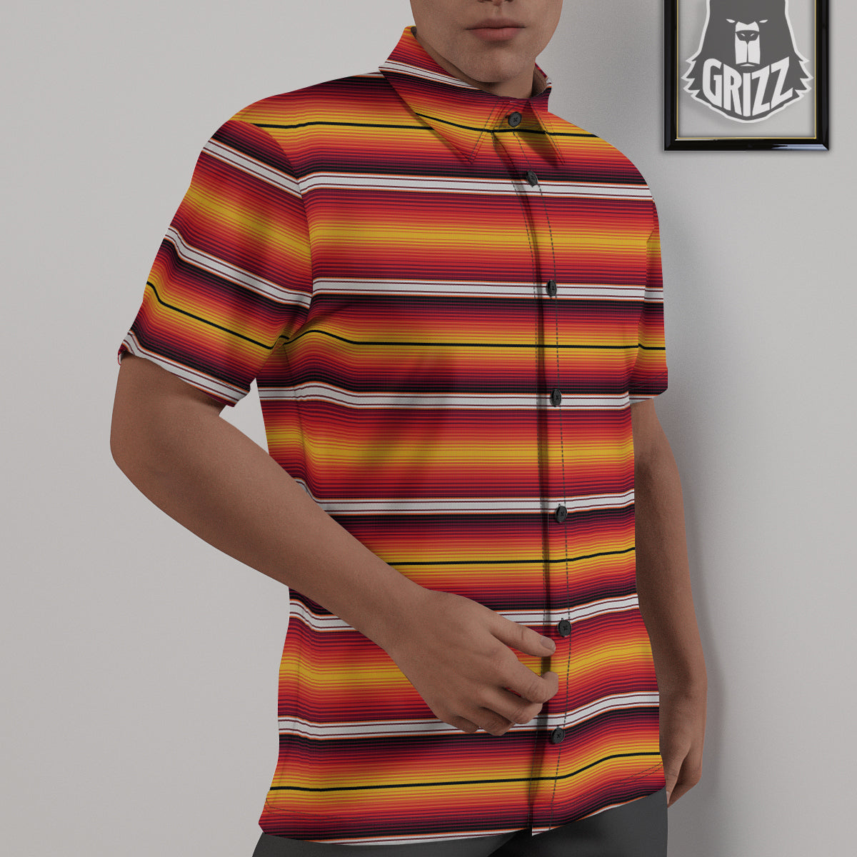 Serape Ethnic Boho Stripes Mexican Black Orange Print Untucked Shirts-grizzshop