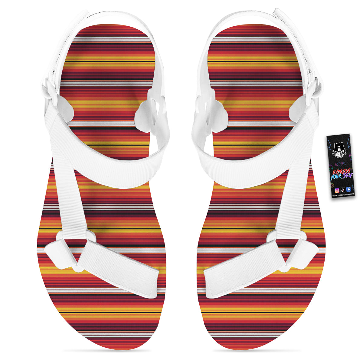 Serape Ethnic Boho Stripes Mexican Black Orange Print White Open Toe Sandals-grizzshop