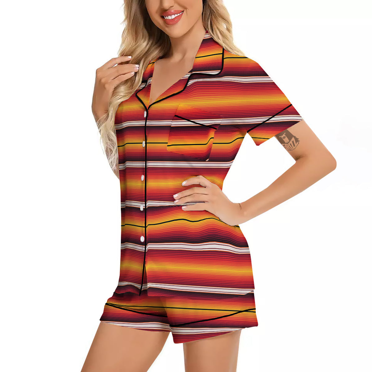 Serape Ethnic Boho Stripes Mexican Black Orange Print Women Silk Pajamas-grizzshop
