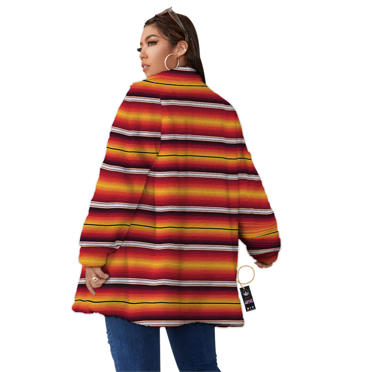 Serape Ethnic Boho Stripes Mexican Black Orange Print Women's Sherpa Jacket-grizzshop