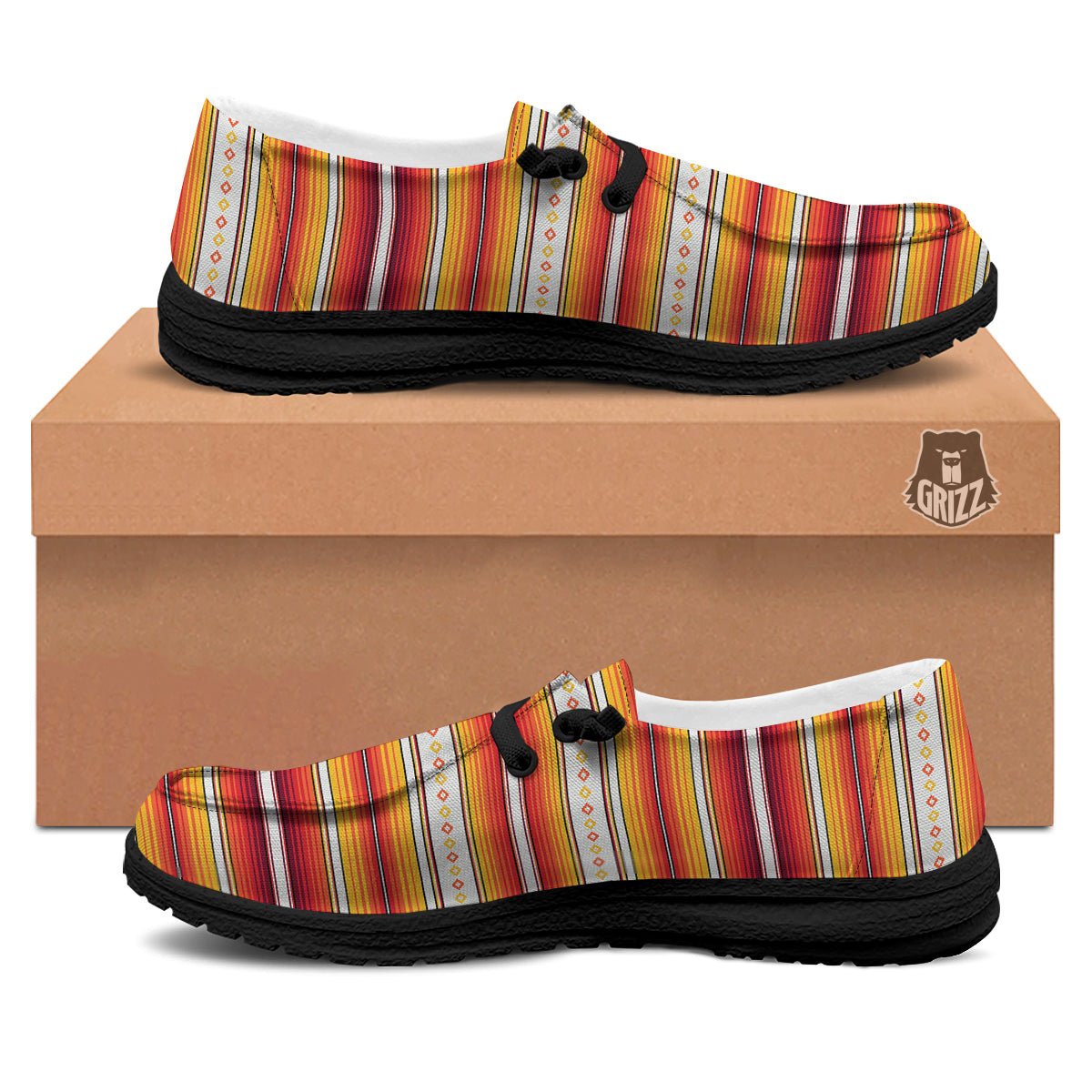 Serape Ethnic Boho Stripes Mexican Orange Print Black Loafers-grizzshop