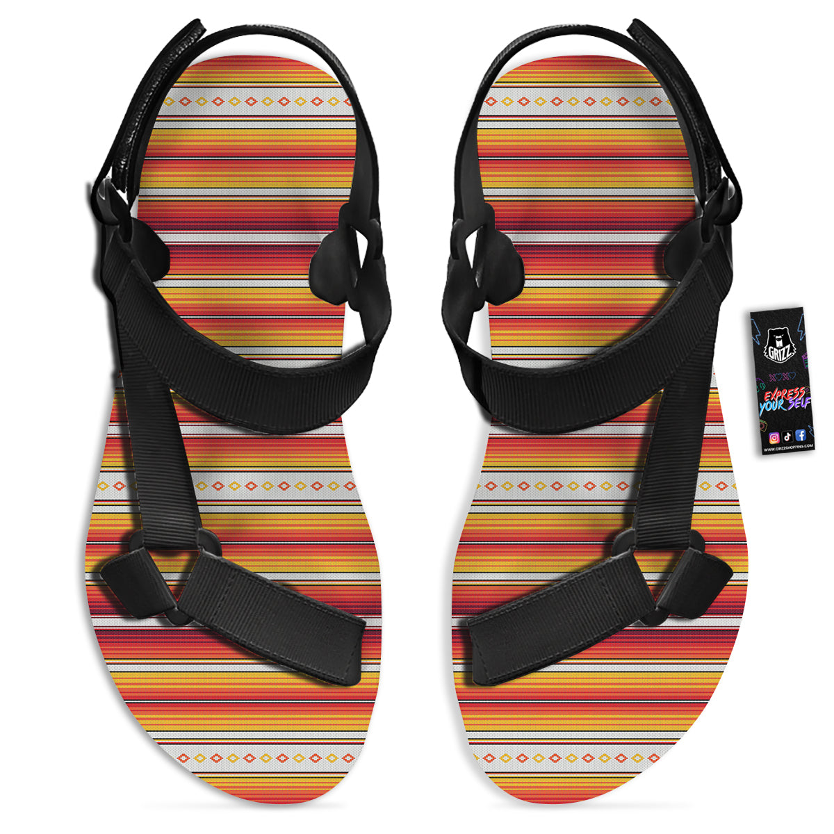 Serape Ethnic Boho Stripes Mexican Orange Print Black Open Toe Sandals-grizzshop
