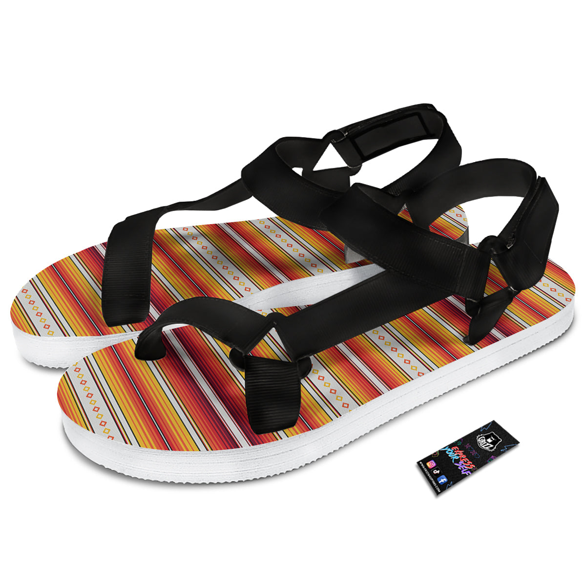 Serape Ethnic Boho Stripes Mexican Orange Print Black Open Toe Sandals-grizzshop