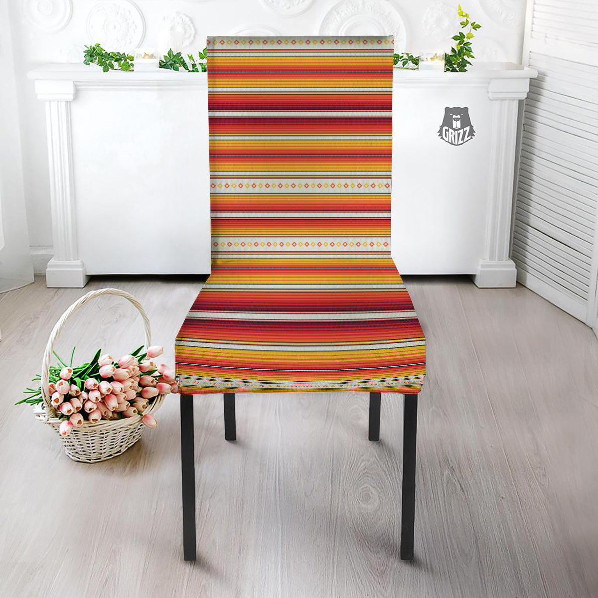 Serape Ethnic Boho Stripes Mexican Orange Print Dining Chair Slipcover-grizzshop