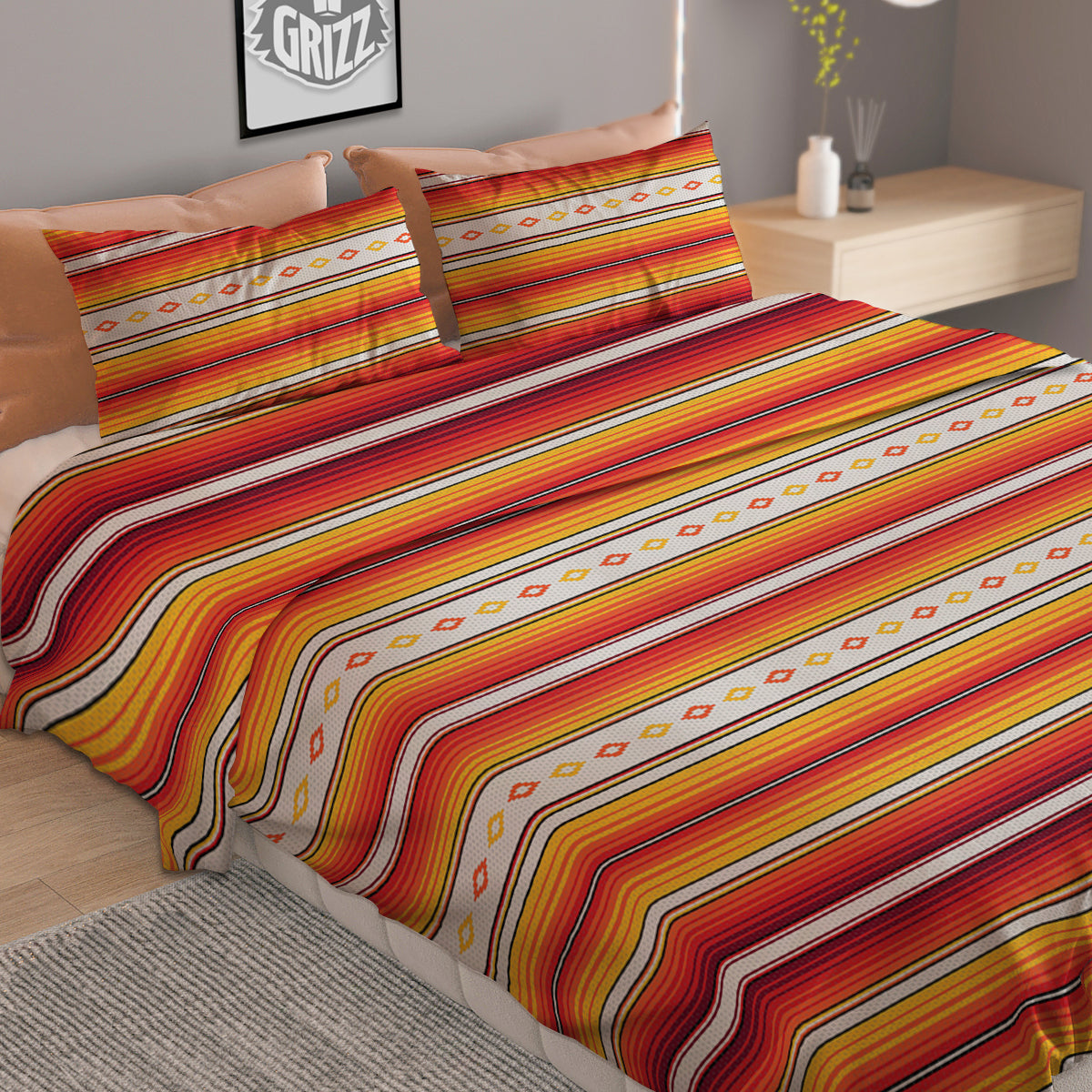 Serape Ethnic Boho Stripes Mexican Orange Print Duvet Cover Bedding Set