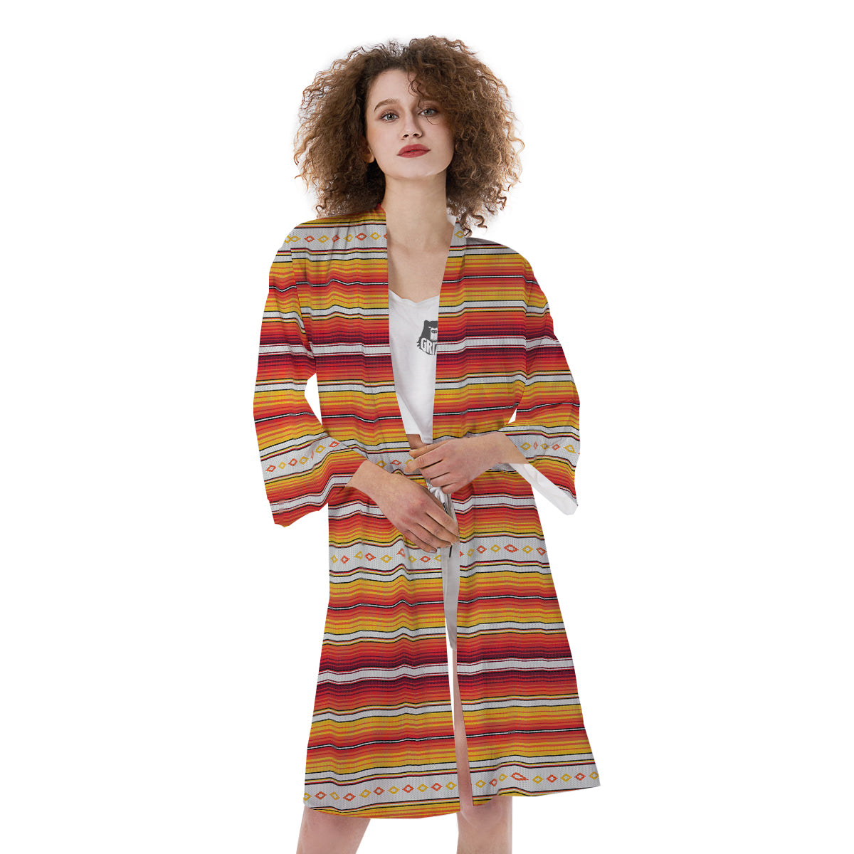 Serape Ethnic Boho Stripes Mexican Orange Print Kimono-grizzshop