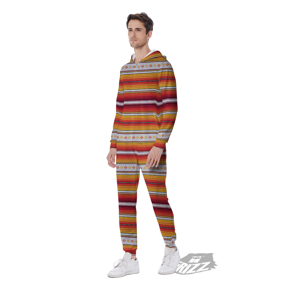 Serape Ethnic Boho Stripes Mexican Orange Print Men's Jumpsuit-grizzshop