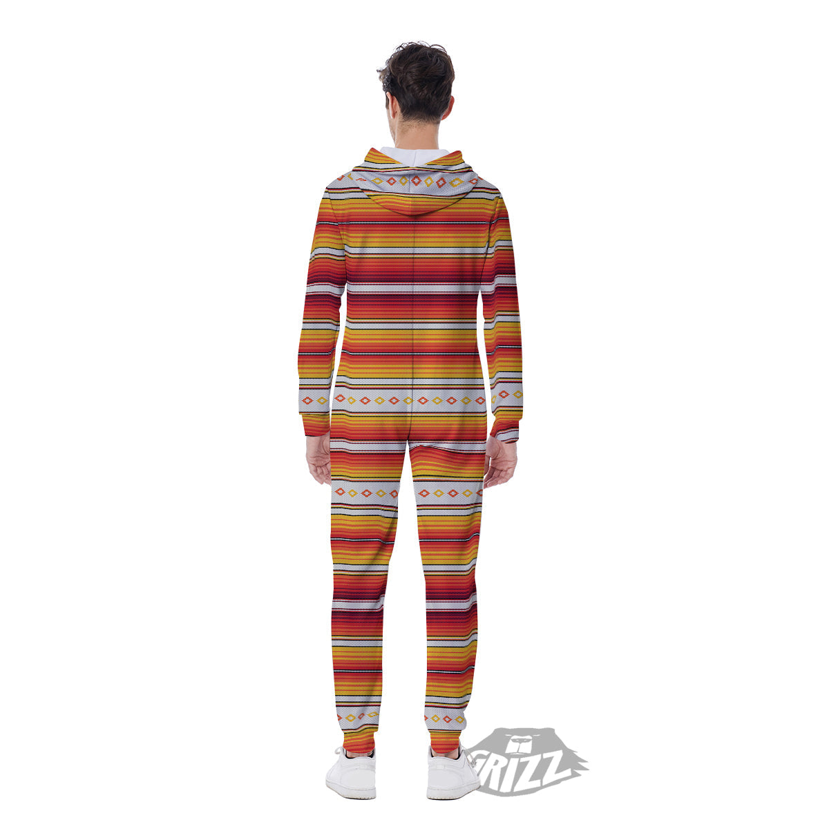 Serape Ethnic Boho Stripes Mexican Orange Print Men's Jumpsuit-grizzshop