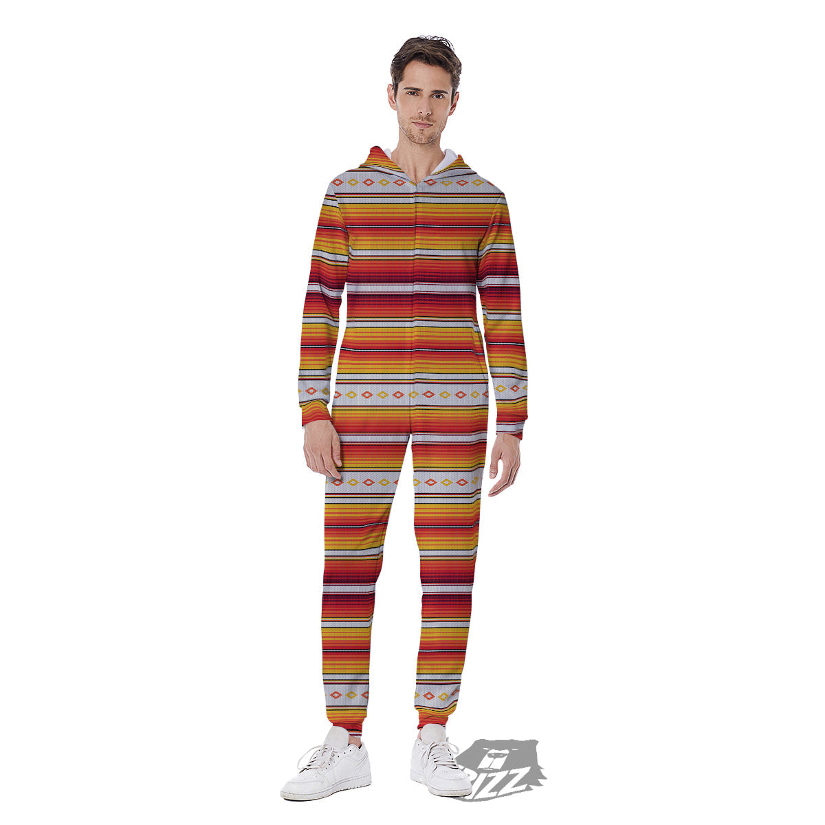 Serape Ethnic Boho Stripes Mexican Orange Print Men's Jumpsuit-grizzshop