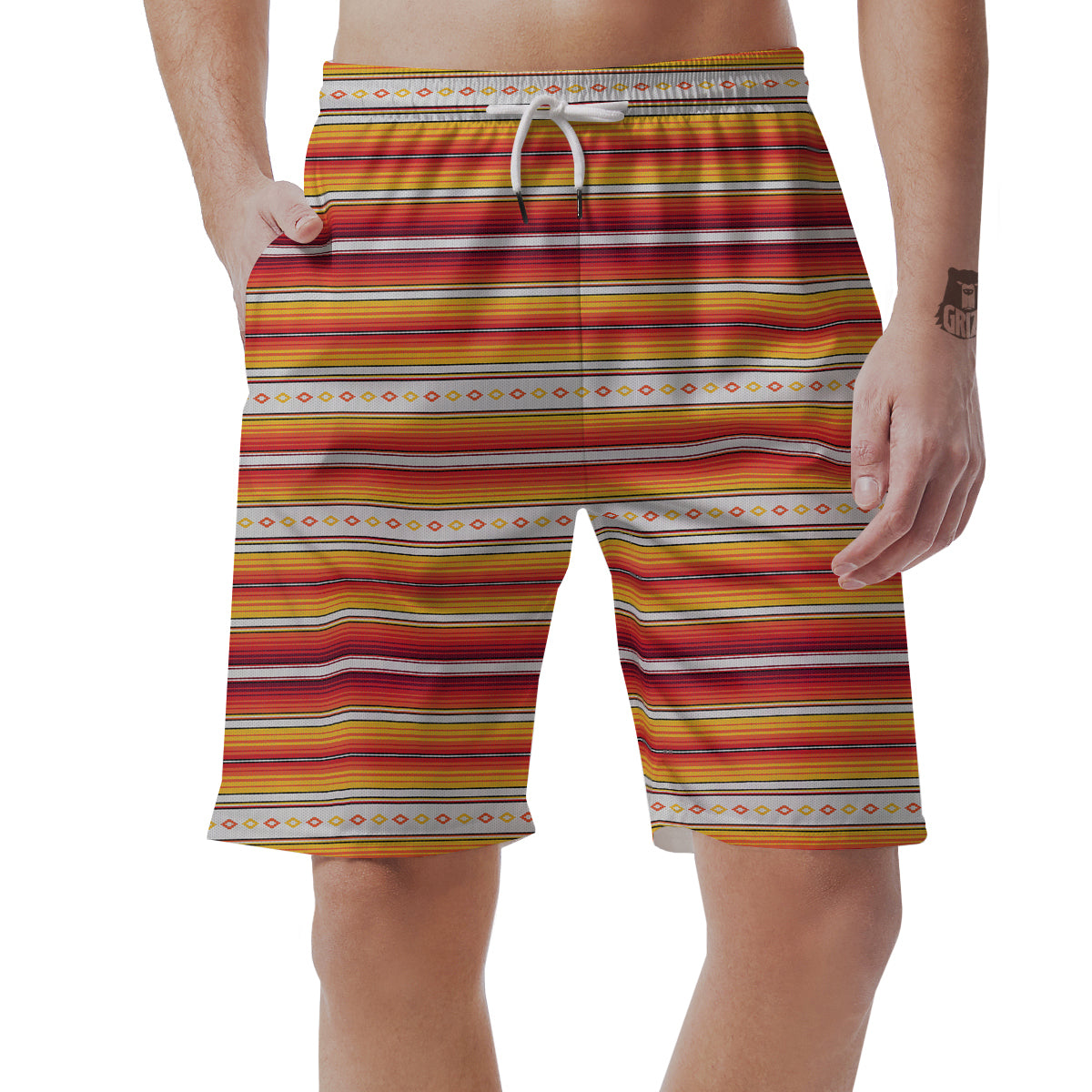 Serape Ethnic Boho Stripes Mexican Orange Print Men's Shorts-grizzshop