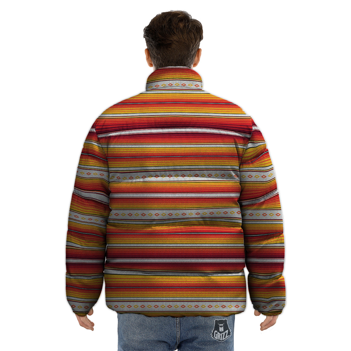 Serape Ethnic Boho Stripes Mexican Orange Print Puffer Jacket-grizzshop