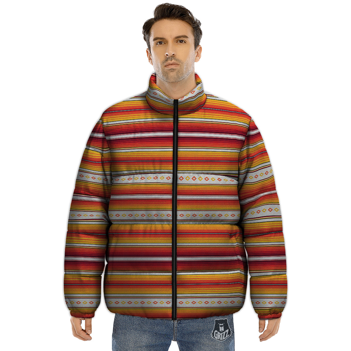 Serape Ethnic Boho Stripes Mexican Orange Print Puffer Jacket-grizzshop