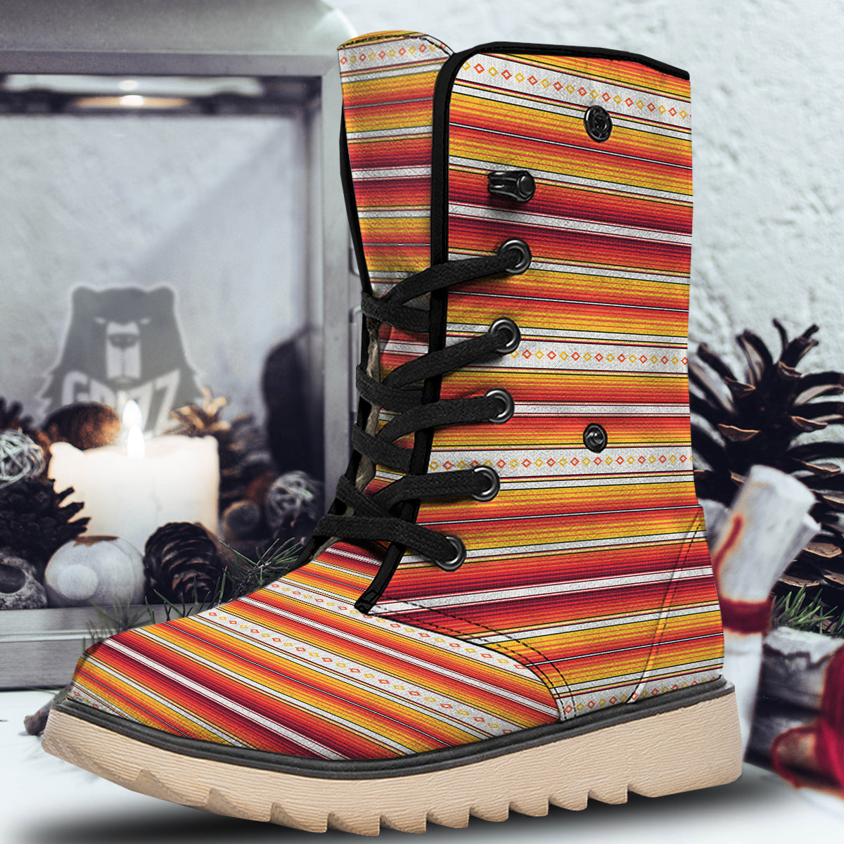 Serape Ethnic Boho Stripes Mexican Orange Print Snow Boots-grizzshop
