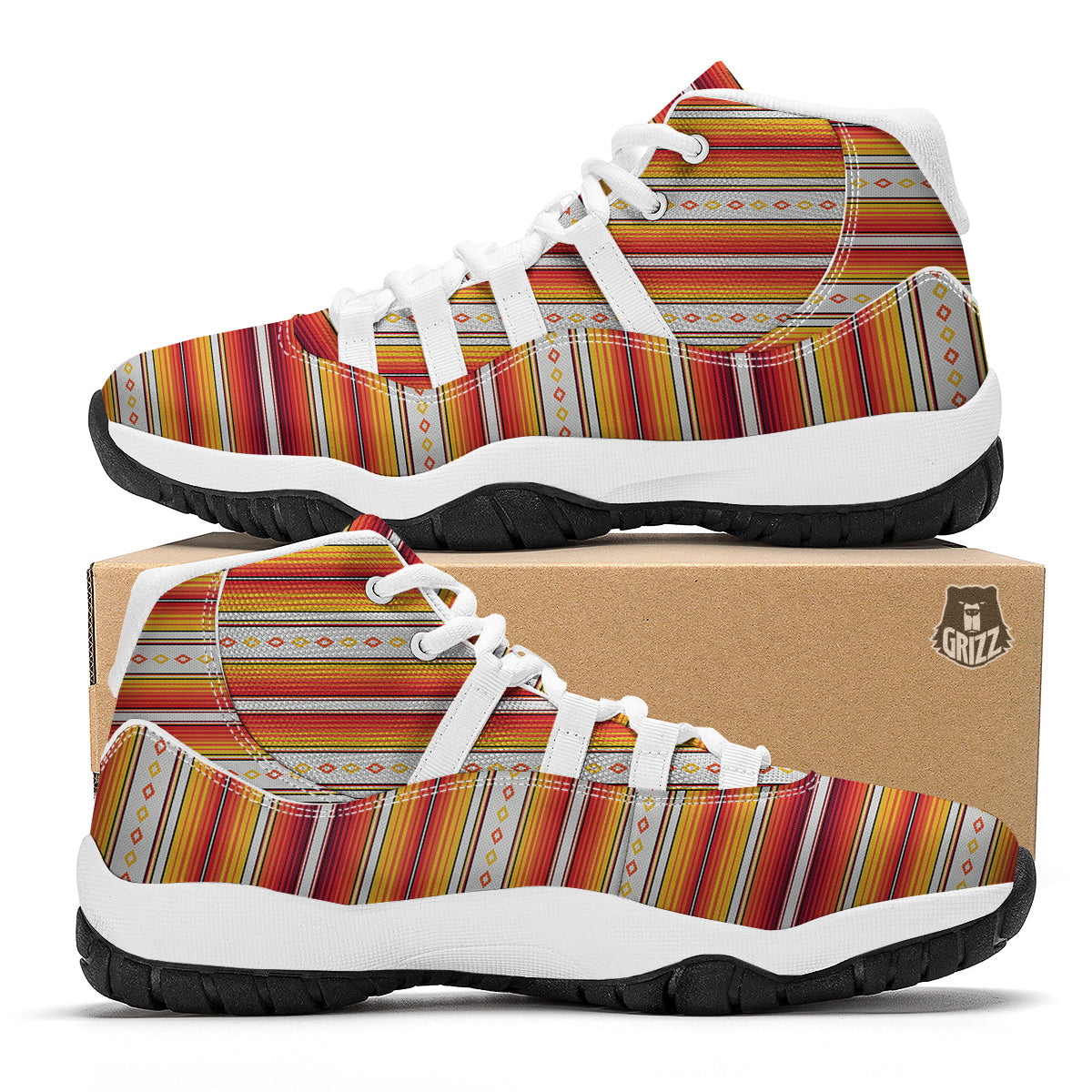 Serape Ethnic Boho Stripes Mexican Orange Print White Bball Shoes-grizzshop