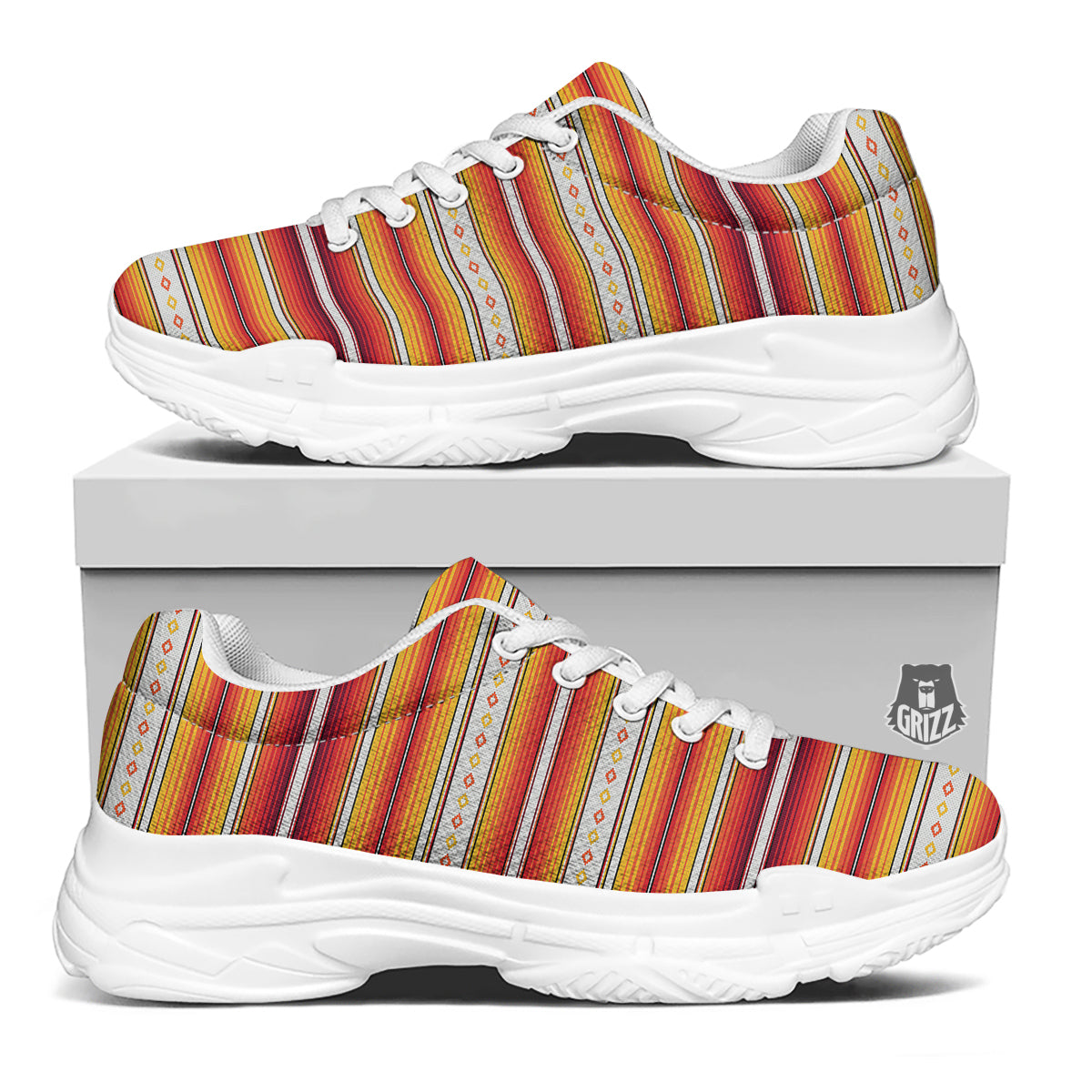 Serape Ethnic Boho Stripes Mexican Orange Print White Chunky Shoes-grizzshop