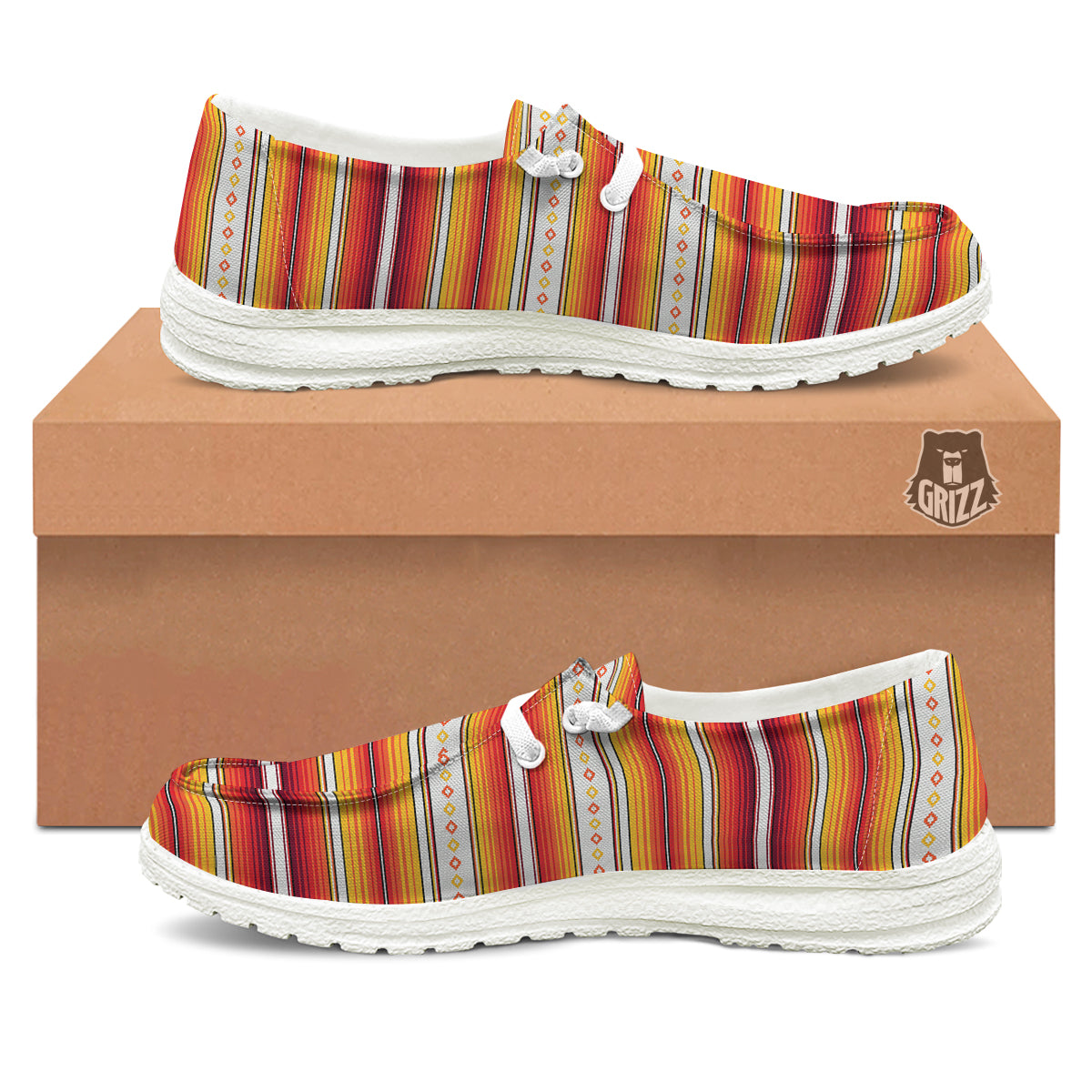 Serape Ethnic Boho Stripes Mexican Orange Print White Loafers-grizzshop