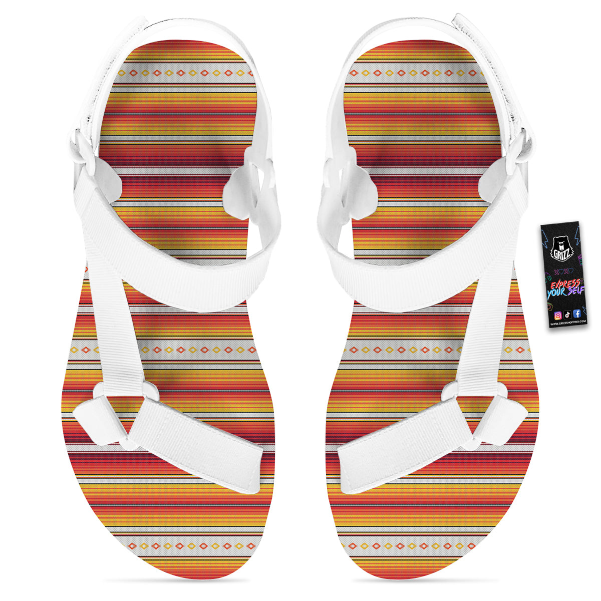 Serape Ethnic Boho Stripes Mexican Orange Print White Open Toe Sandals-grizzshop