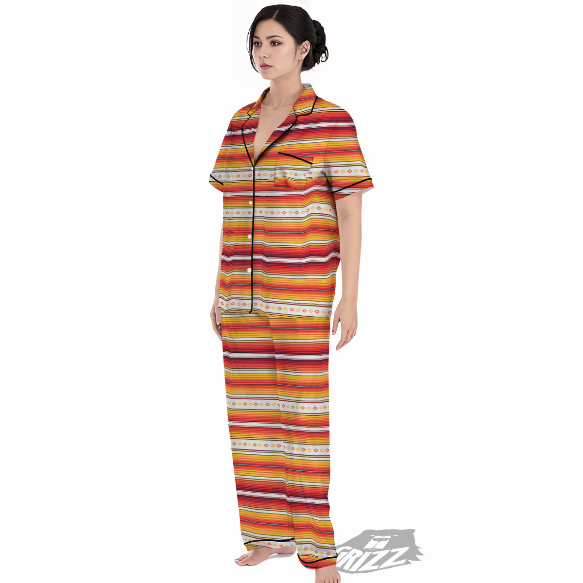 Serape Ethnic Boho Stripes Mexican Orange Print Women's Pajamas Set-grizzshop