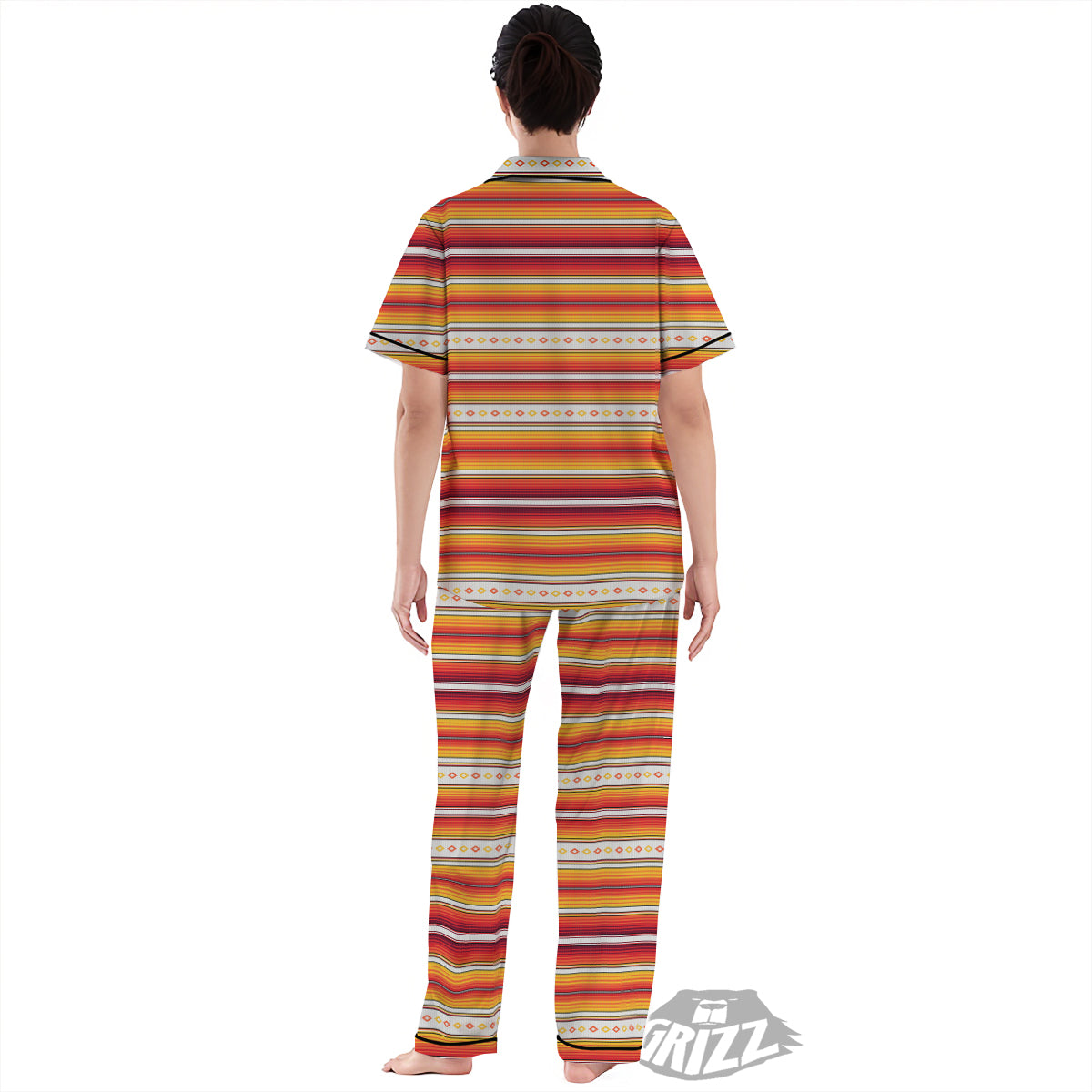 Serape Ethnic Boho Stripes Mexican Orange Print Women's Pajamas Set-grizzshop