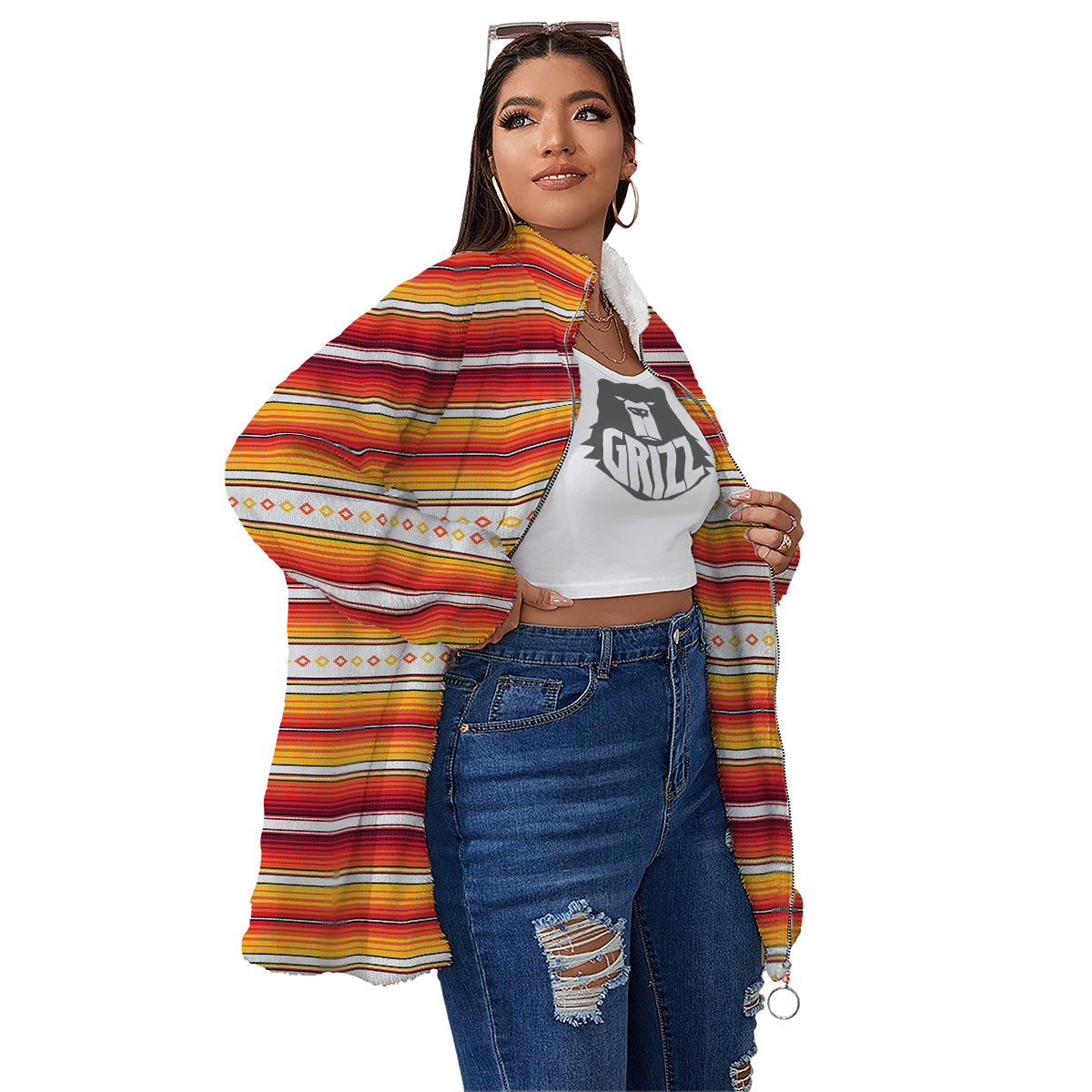 Serape Ethnic Boho Stripes Mexican Orange Print Women's Sherpa Jacket-grizzshop