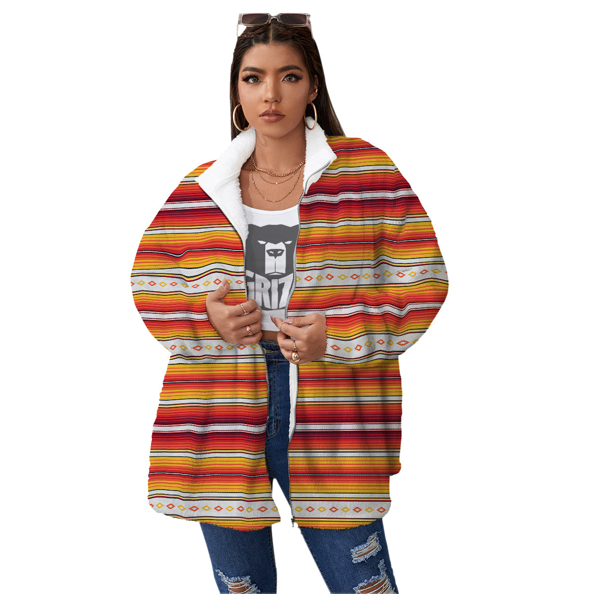 Serape Ethnic Boho Stripes Mexican Orange Print Women's Sherpa Jacket-grizzshop