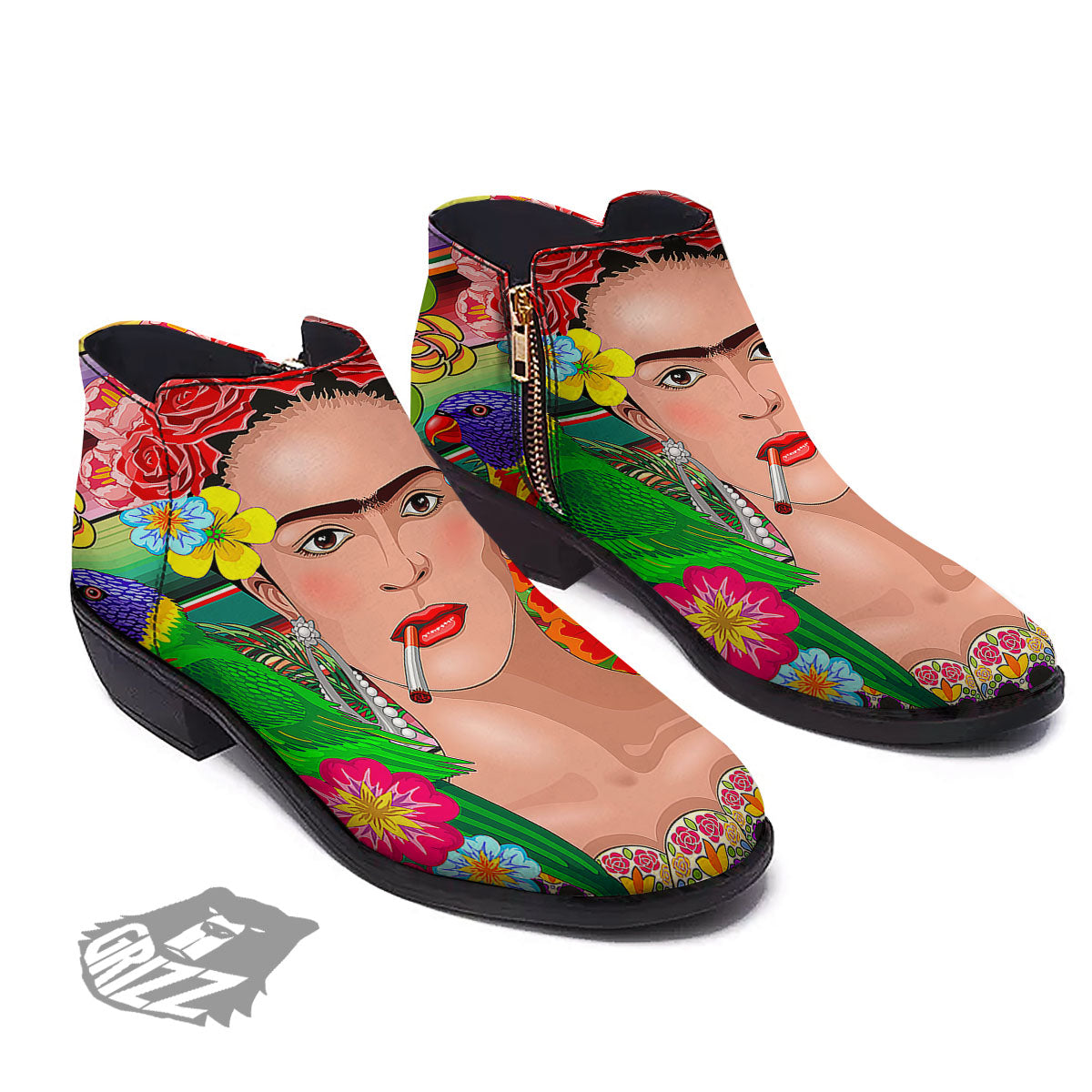 Serape Frida Kahlo Print Ankle Boots-grizzshop