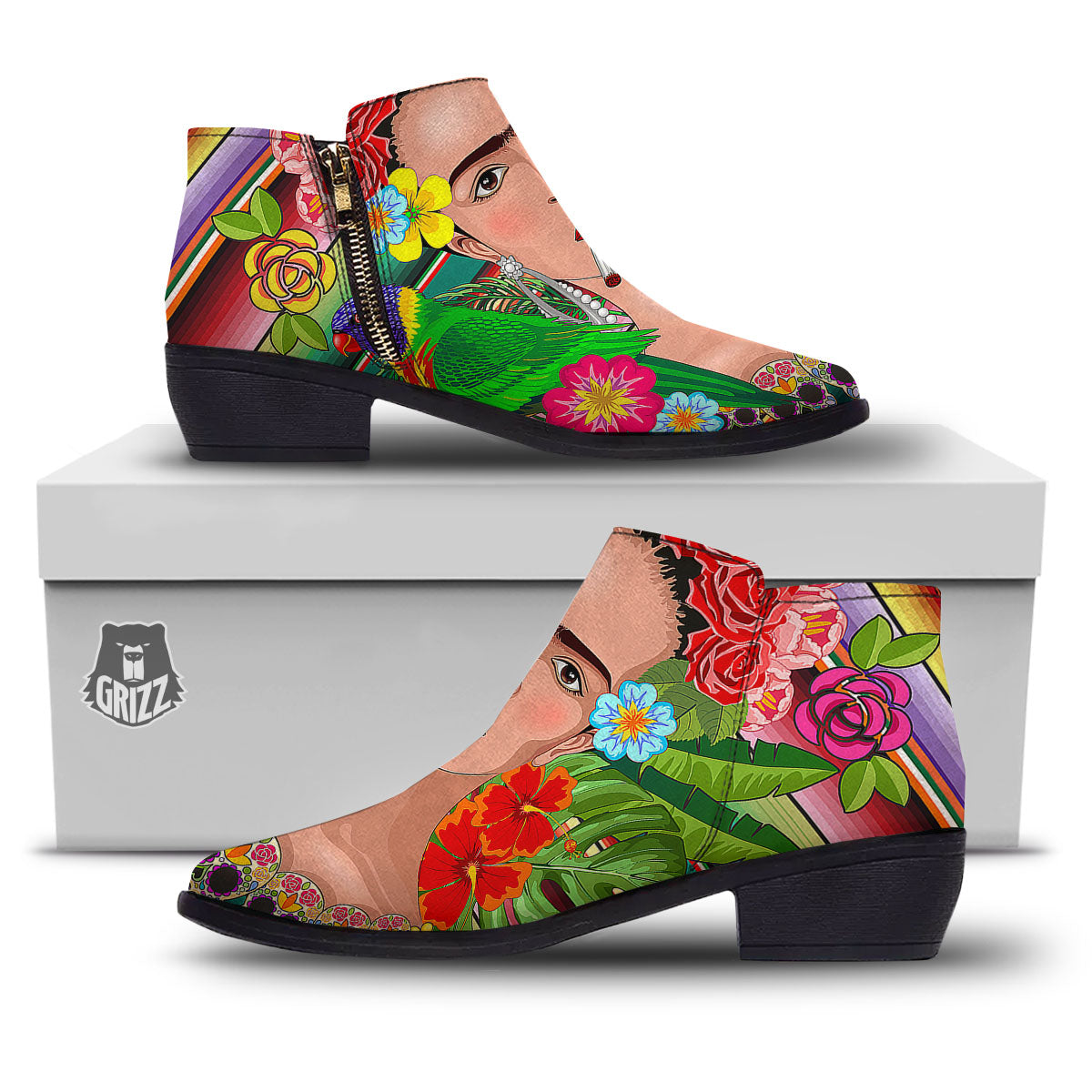 Serape Frida Kahlo Print Ankle Boots-grizzshop