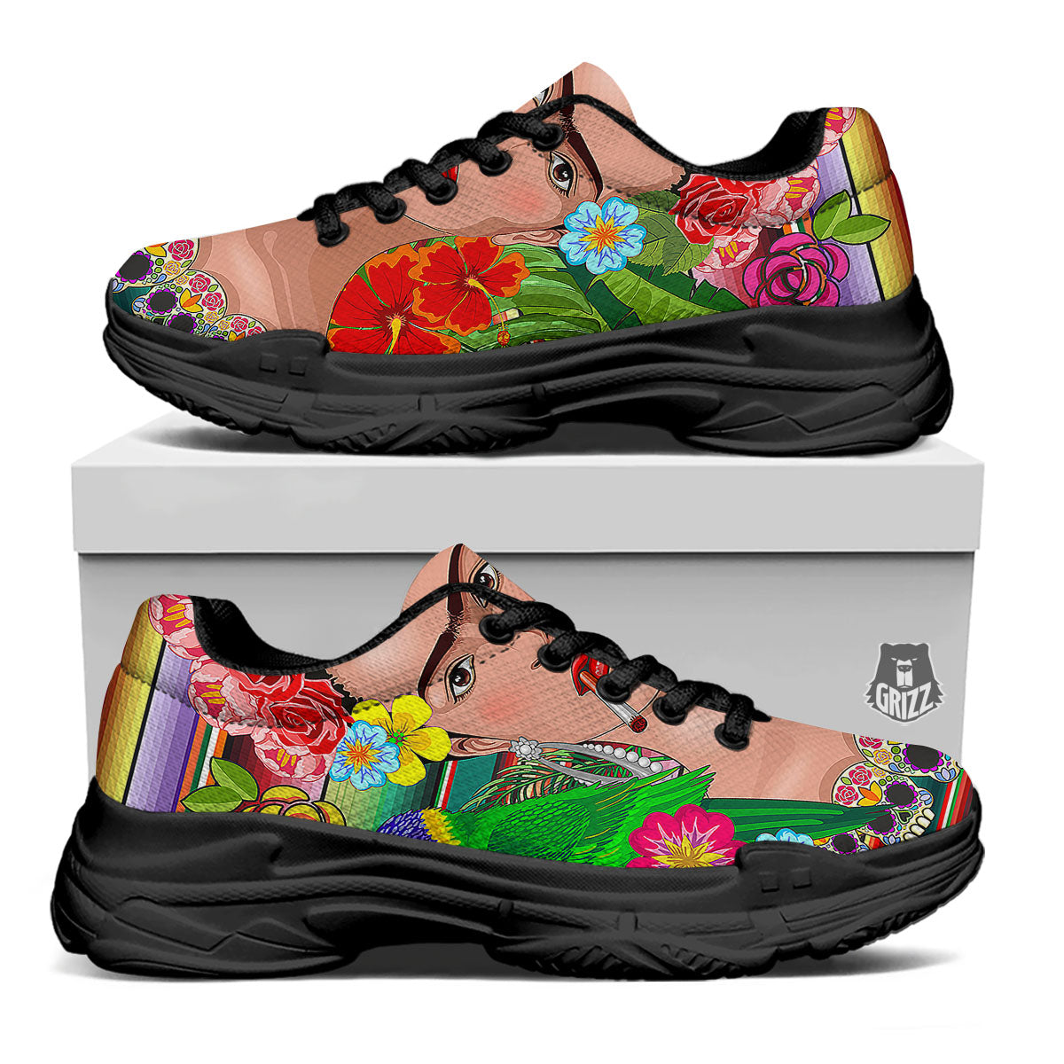 Serape Frida Kahlo Print Black Chunky Shoes-grizzshop