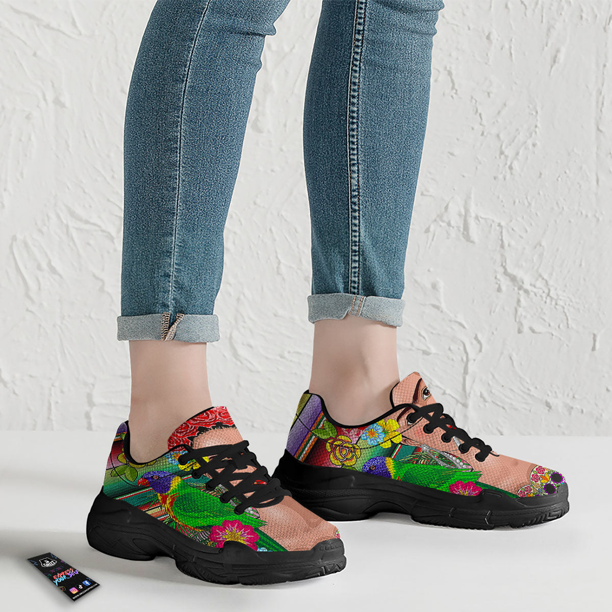 Serape Frida Kahlo Print Black Chunky Shoes-grizzshop