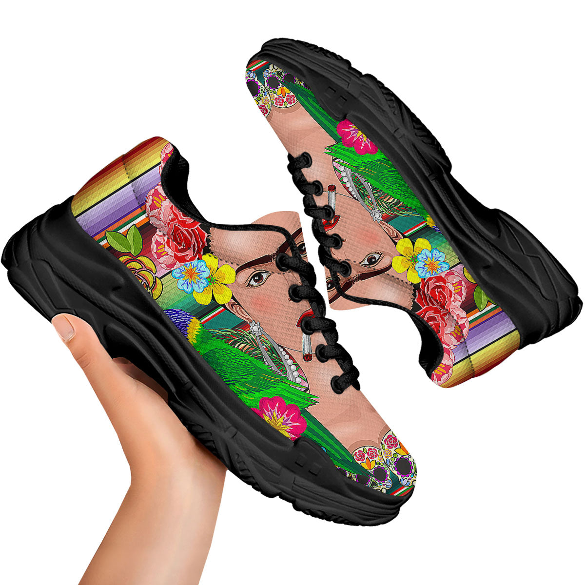 Serape Frida Kahlo Print Black Chunky Shoes-grizzshop