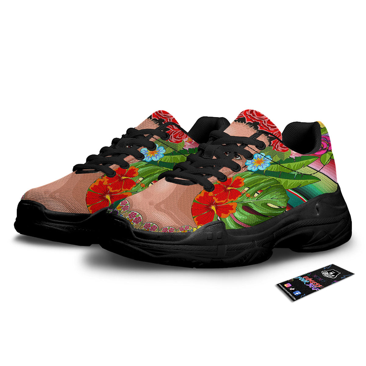 Serape Frida Kahlo Print Black Chunky Shoes-grizzshop