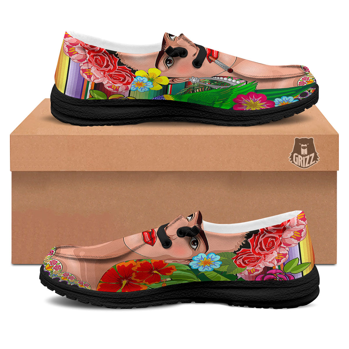 Serape Frida Kahlo Print Black Loafers-grizzshop
