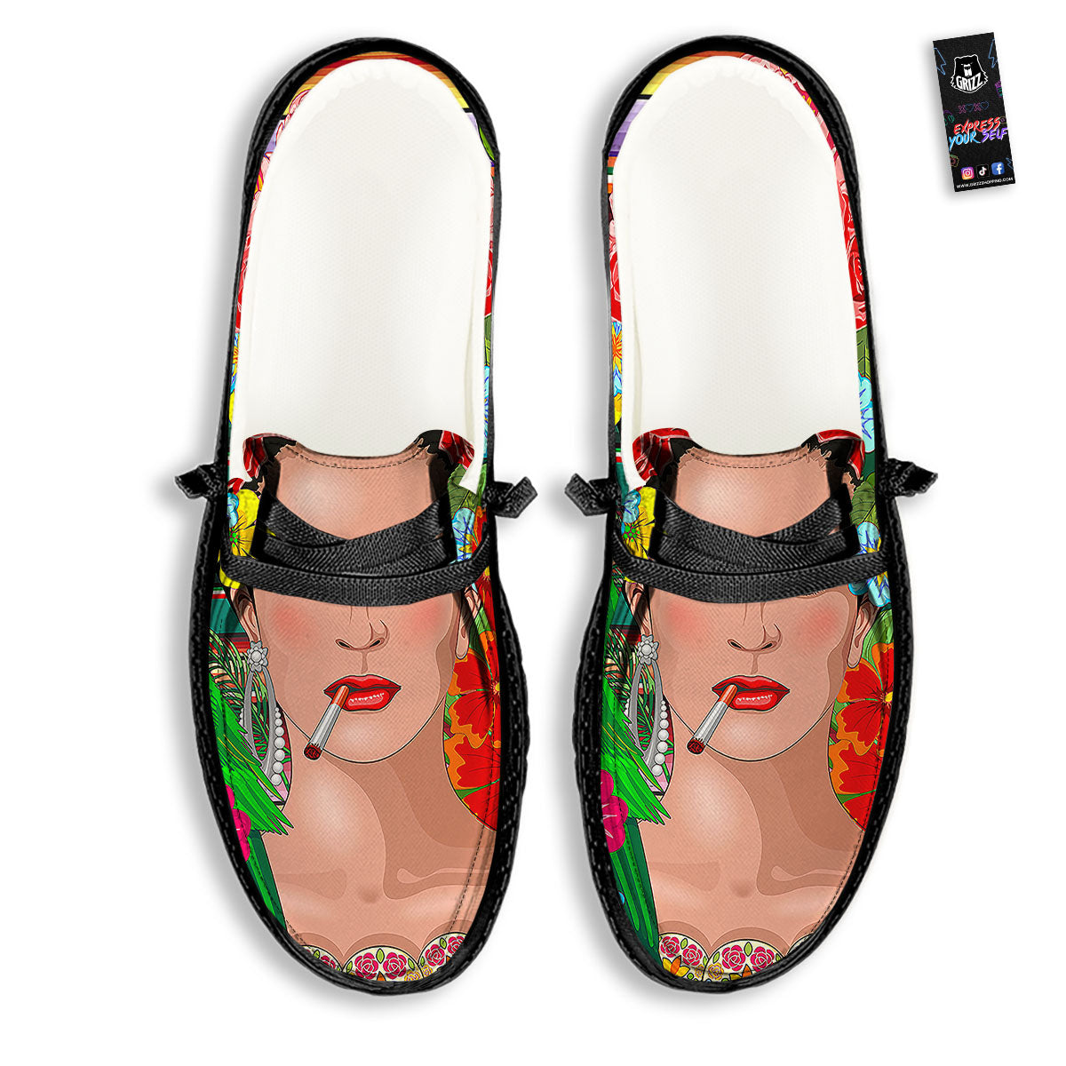 Serape Frida Kahlo Print Black Loafers-grizzshop