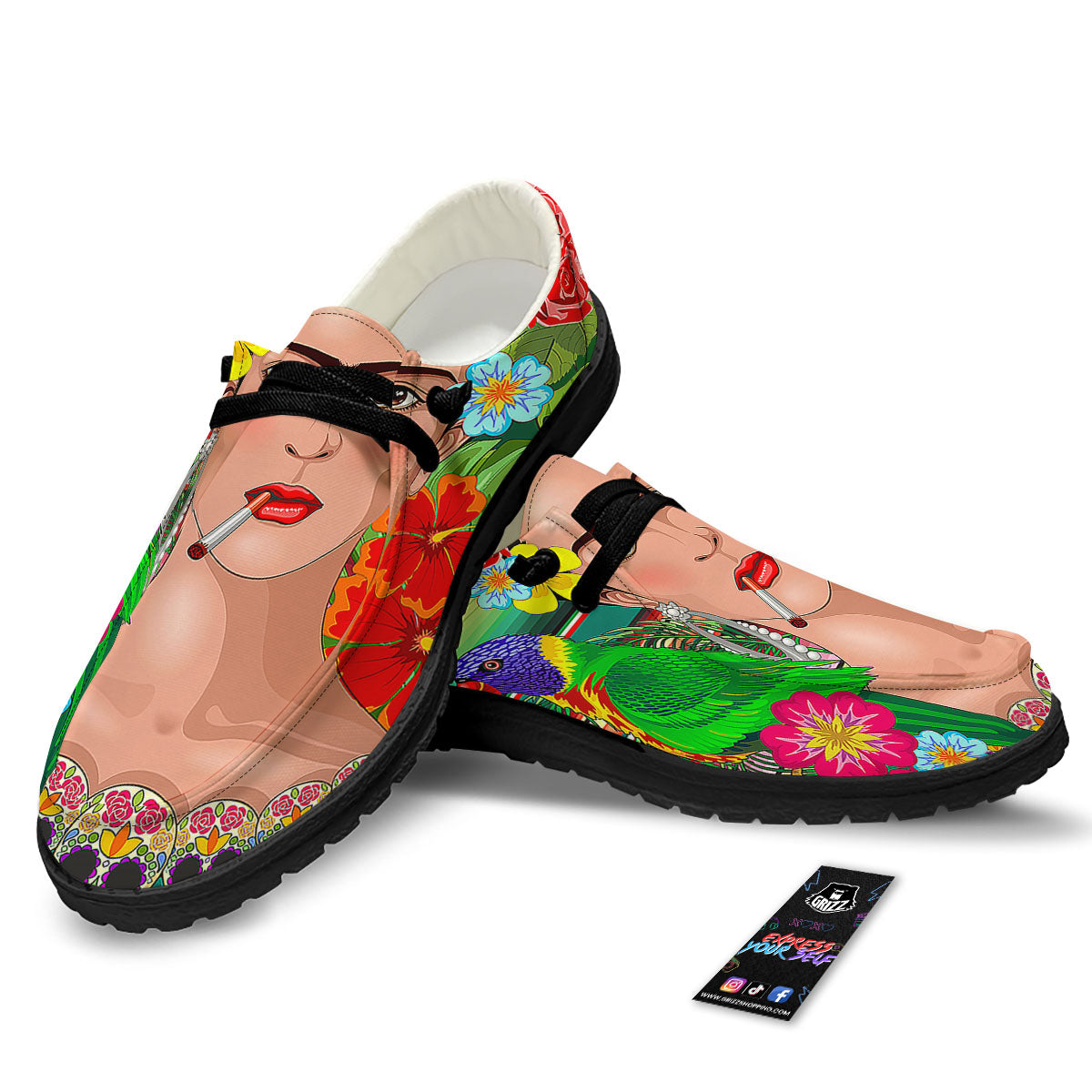 Serape Frida Kahlo Print Black Loafers-grizzshop