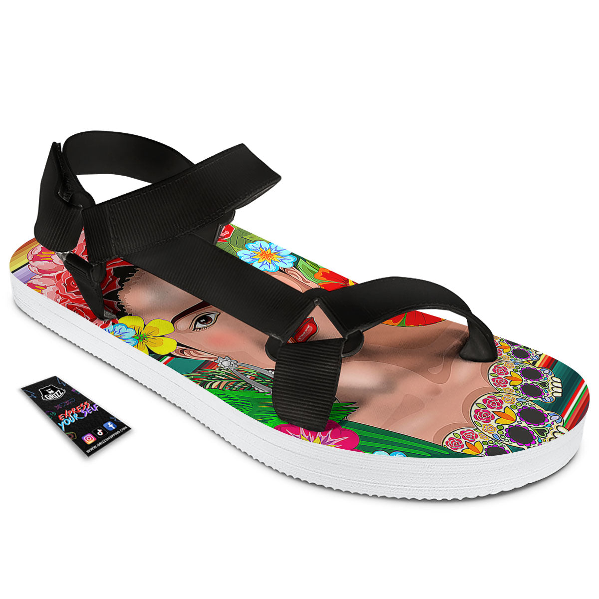 Serape Frida Kahlo Print Black Open Toe Sandals-grizzshop