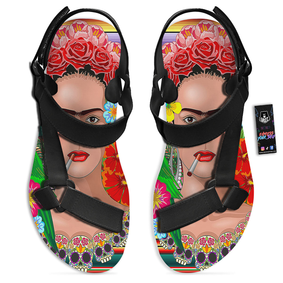 Serape Frida Kahlo Print Black Open Toe Sandals-grizzshop