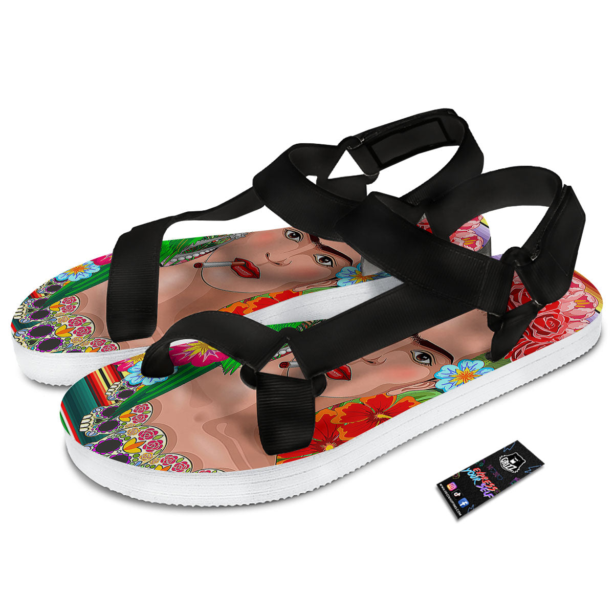 Serape Frida Kahlo Print Black Open Toe Sandals-grizzshop