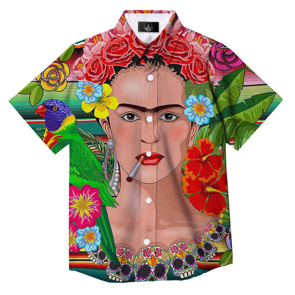 Serape Frida Kahlo Print Button Up Shirt-grizzshop