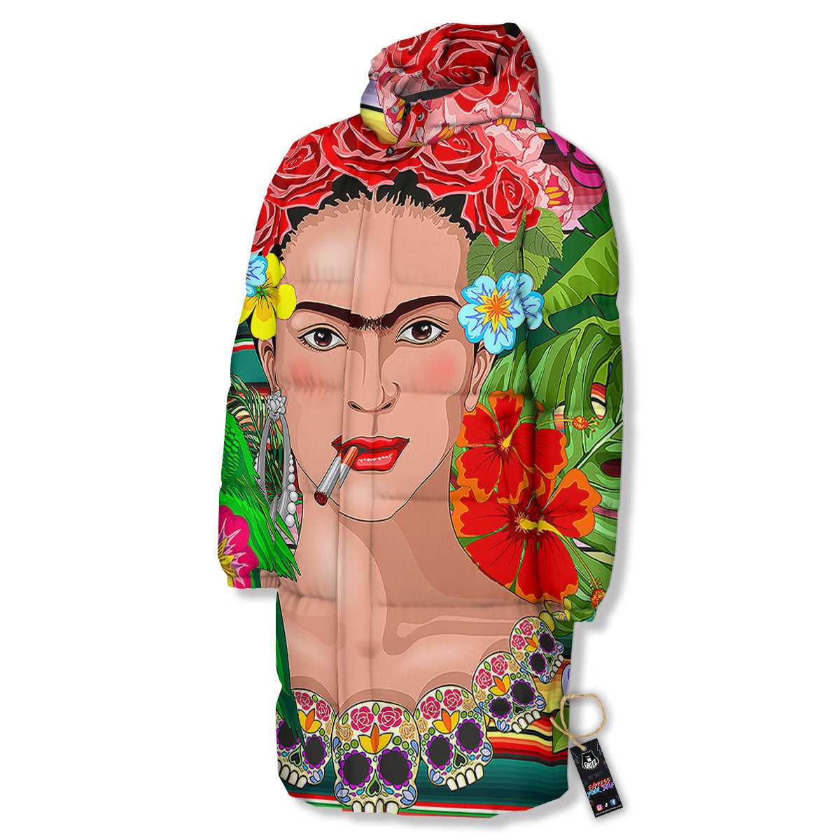 Serape Frida Kahlo Print Long Down Jacket-grizzshop