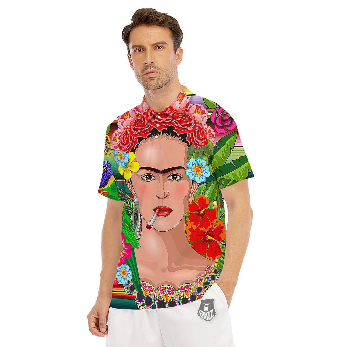 Serape Frida Kahlo Print Men's Golf Shirts-grizzshop