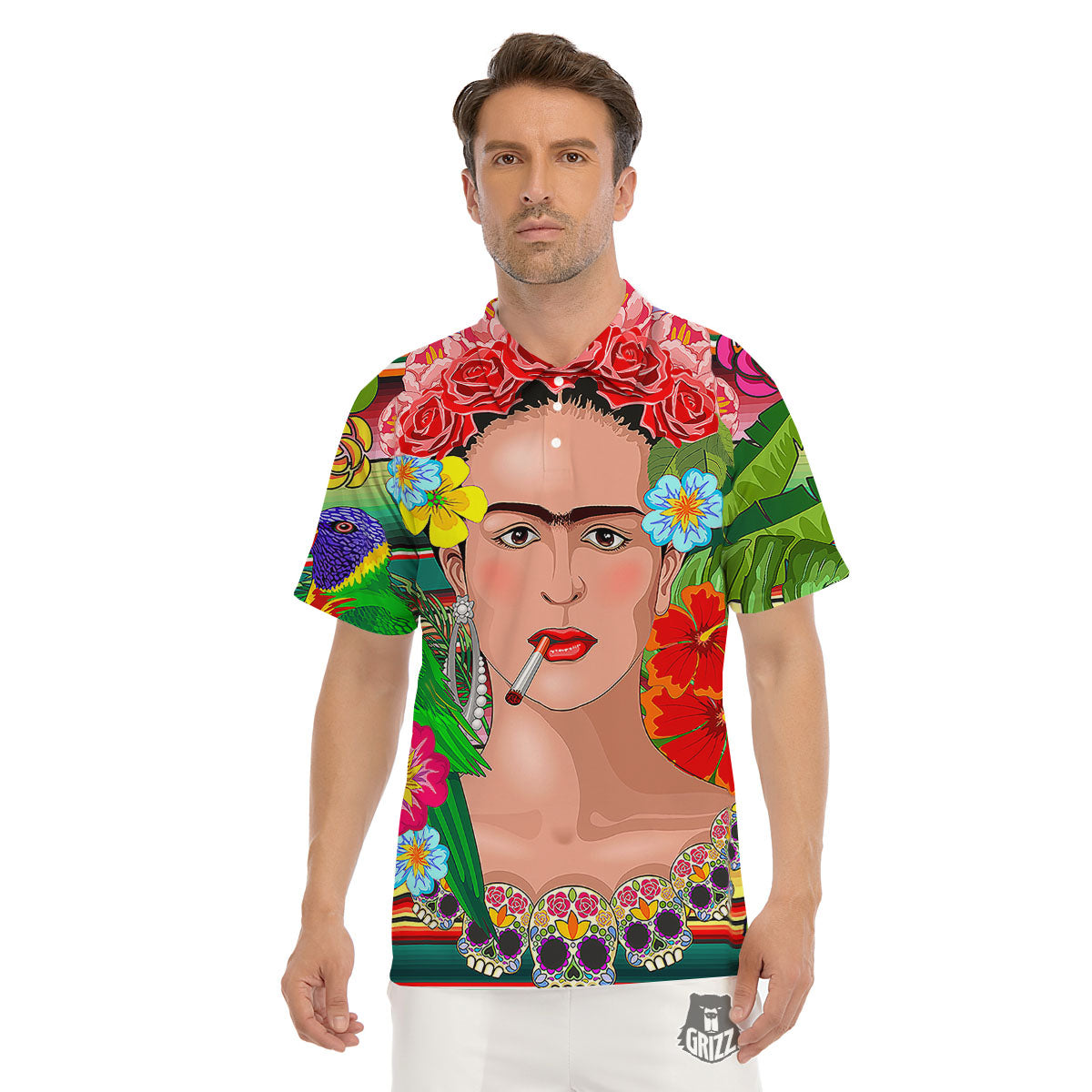 Serape Frida Kahlo Print Men's Golf Shirts-grizzshop