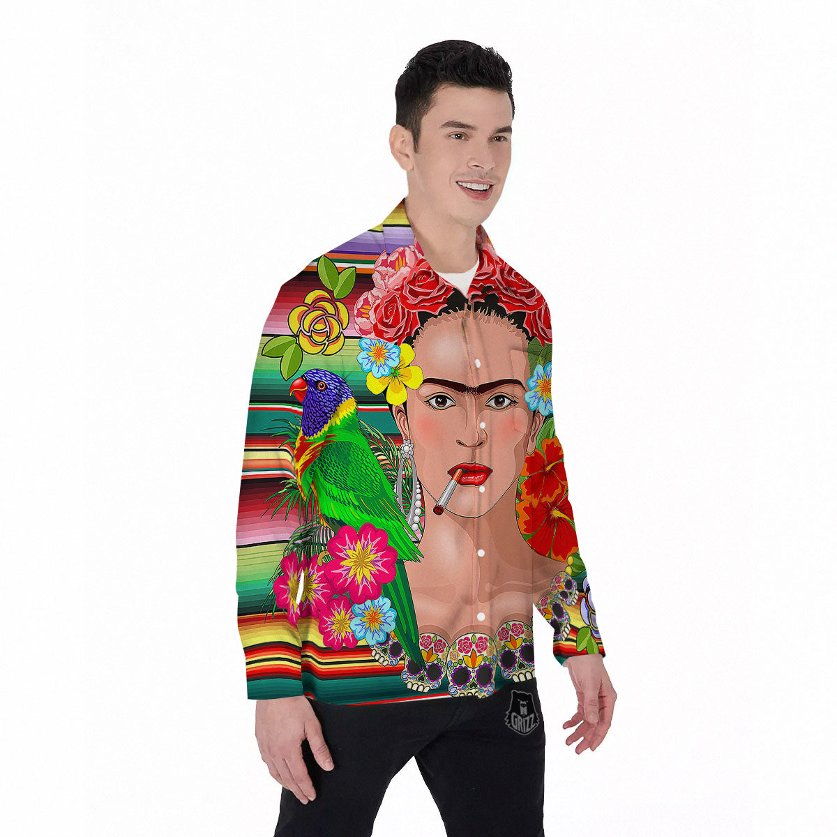 Serape Frida Kahlo Print Men's Long Sleeve Shirts-grizzshop