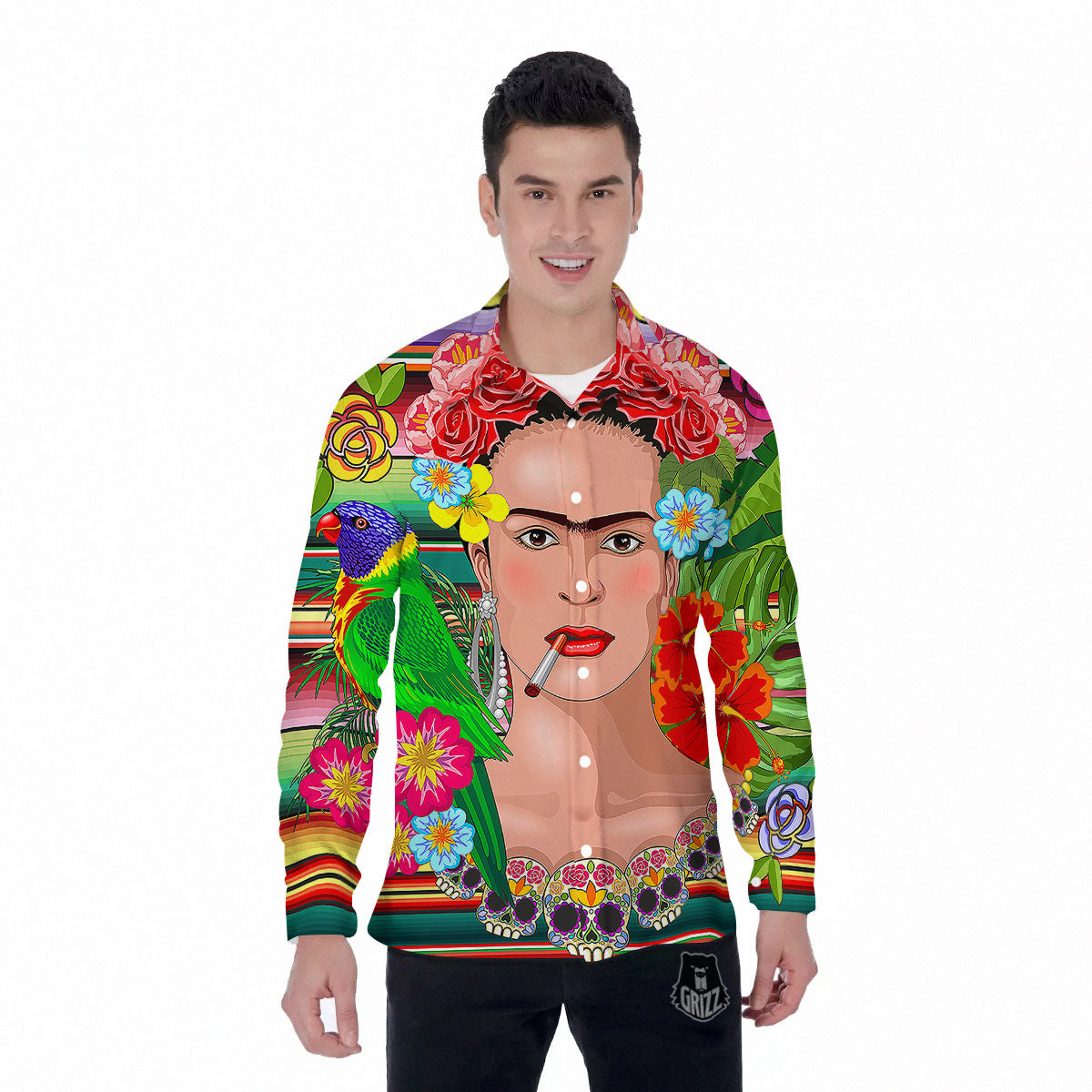 Serape Frida Kahlo Print Men's Long Sleeve Shirts-grizzshop