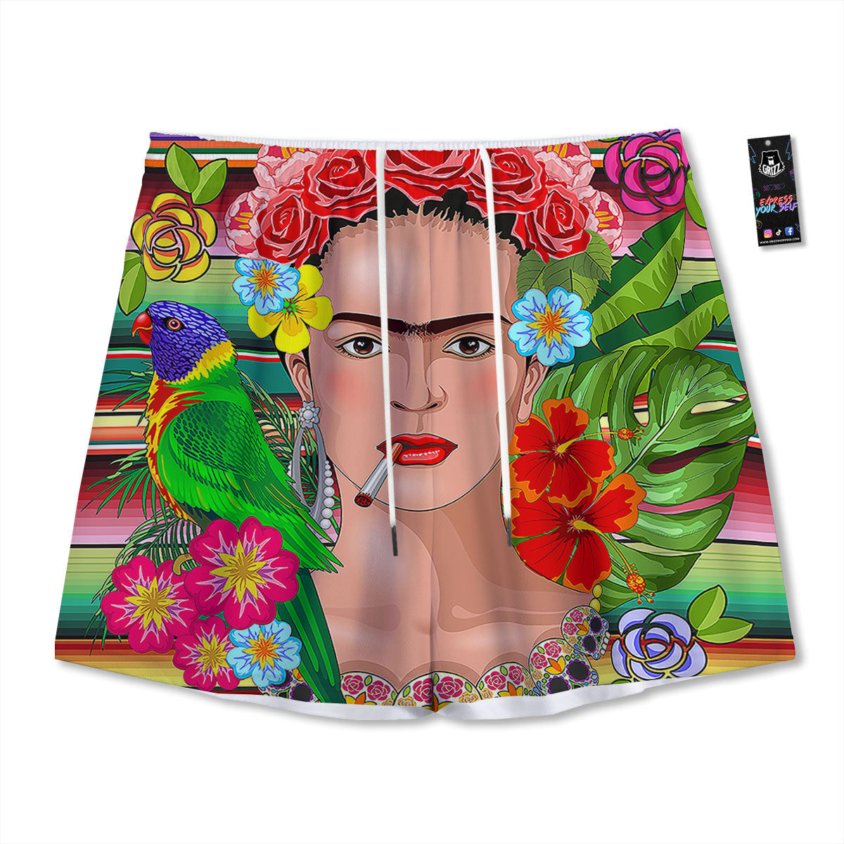 Serape Frida Kahlo Print Mesh Shorts